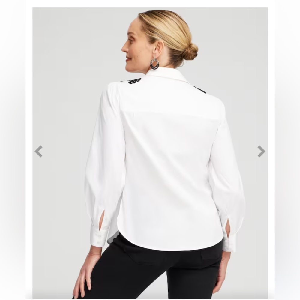 :: CHICO’S Poplin Black Lace on White Appliqué Blouse Dressy Shirt SOLD … - Picture 7 of 14